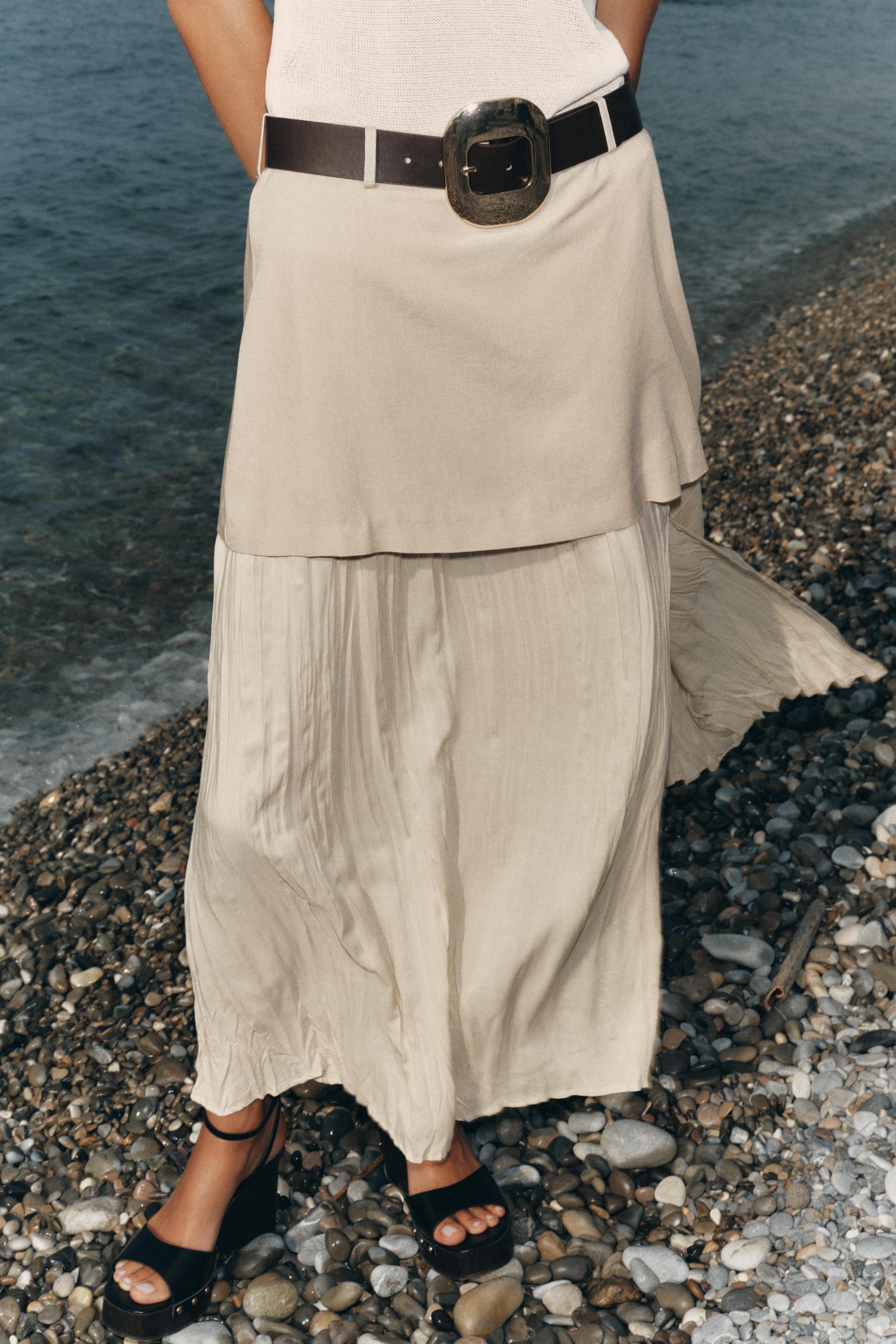 BELTED COMBINATION MIDI SKIRT