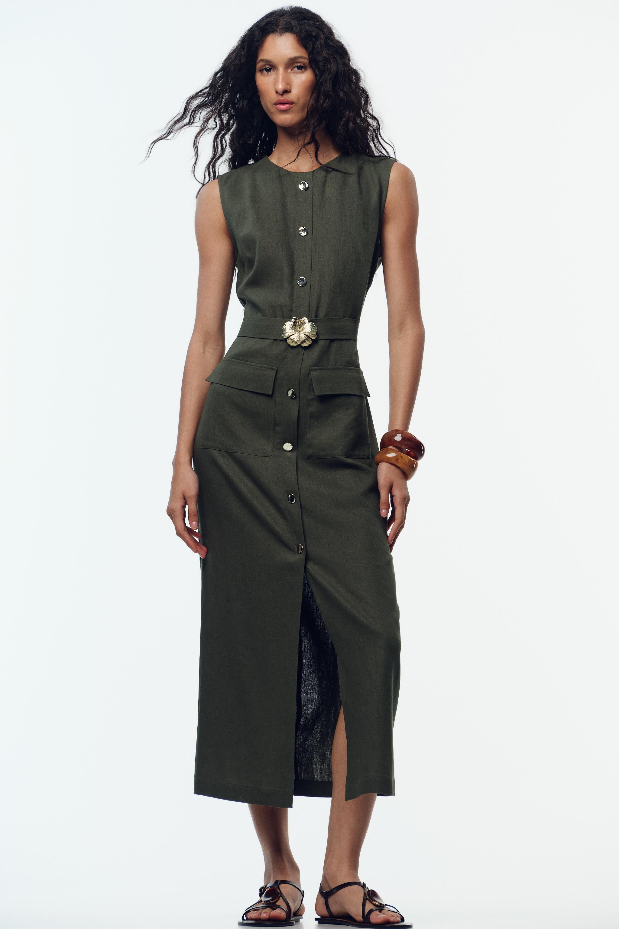 LINEN BELTED MIDI DRESS