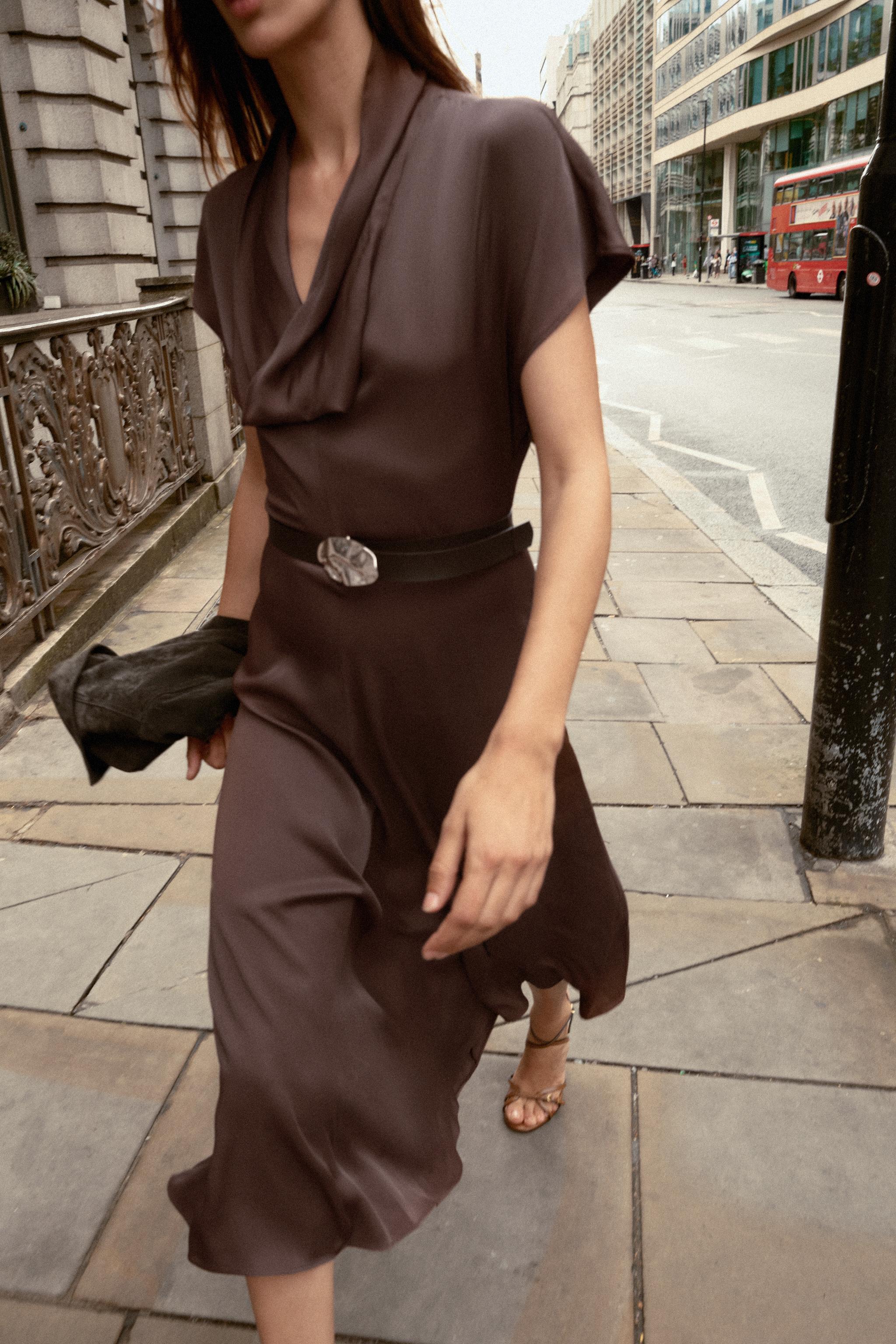 BELTED DRAPED NECK MIDI DRESS