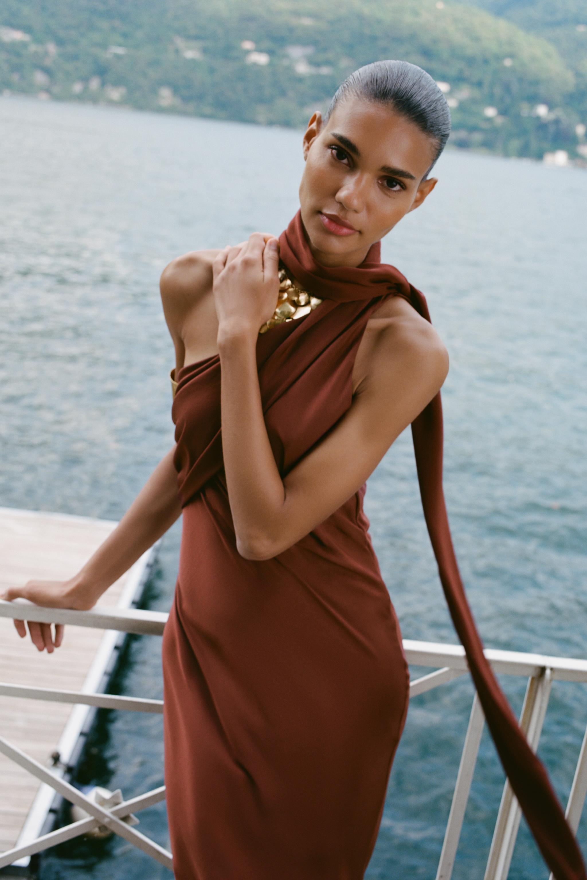 ASYMMETRIC SCARF MIDI DRESS