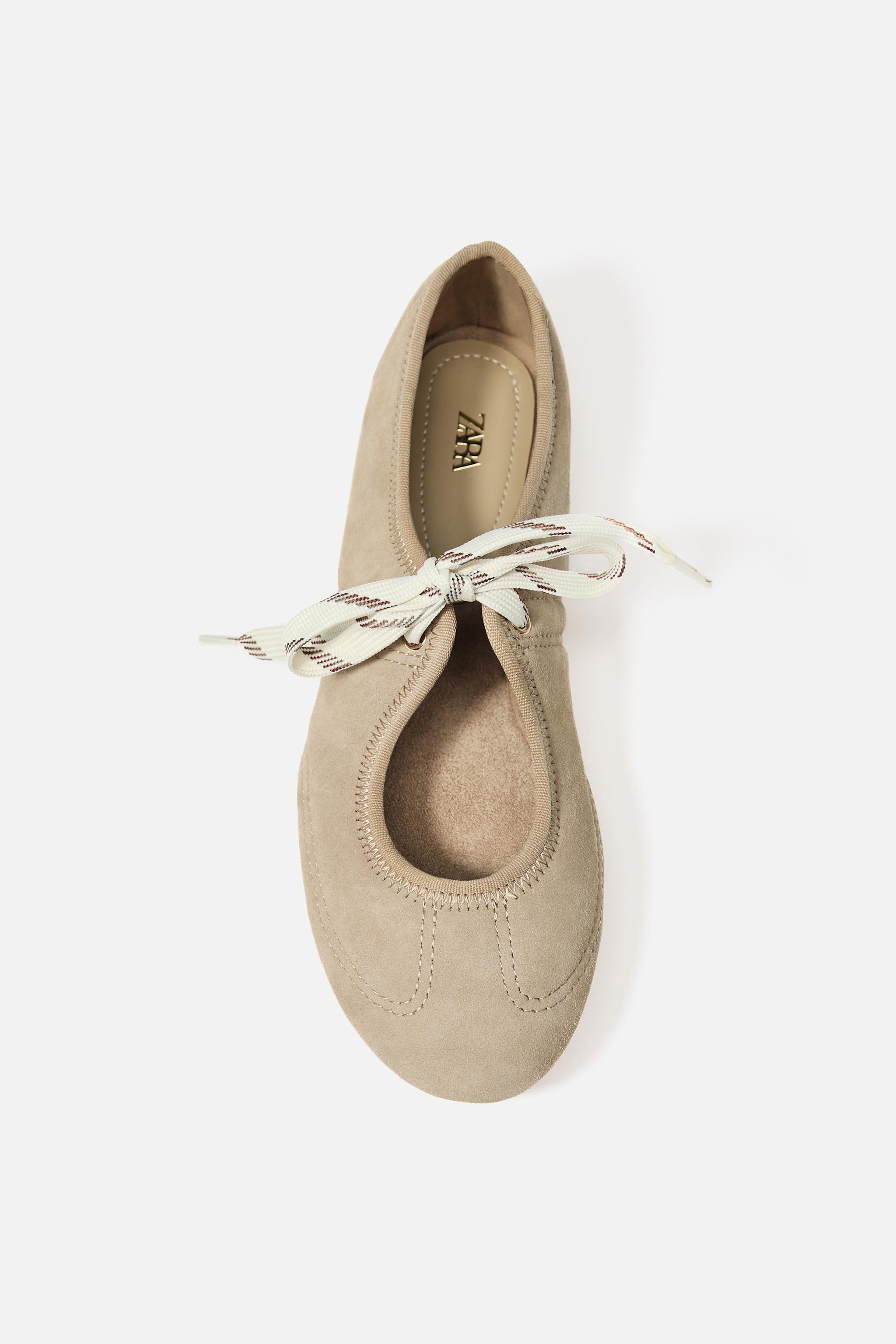 SPLIT LEATHER LACE-UP BALLET FLATS