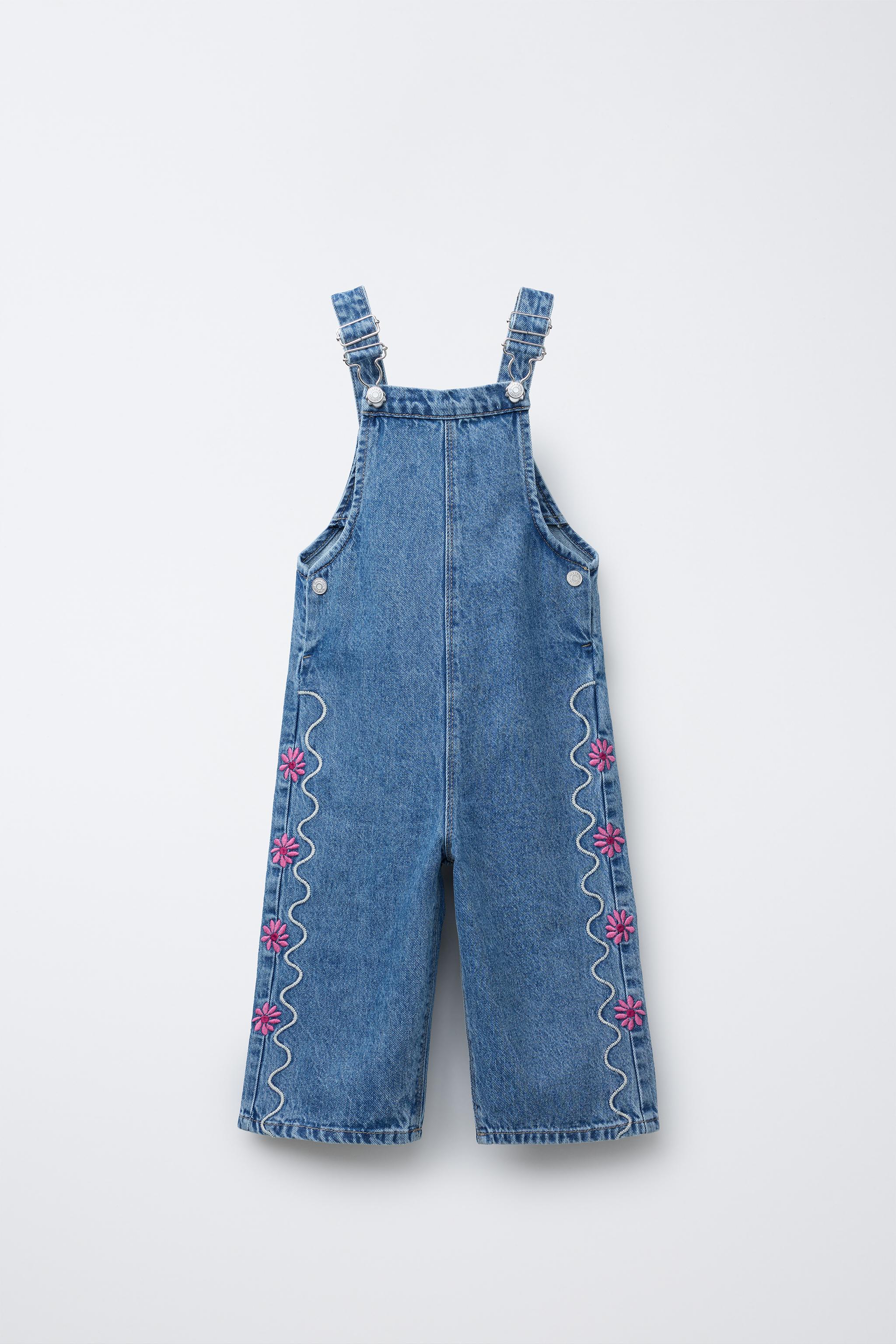 WAVY & FLORAL EMBROIDERED DENIM OVERALLS