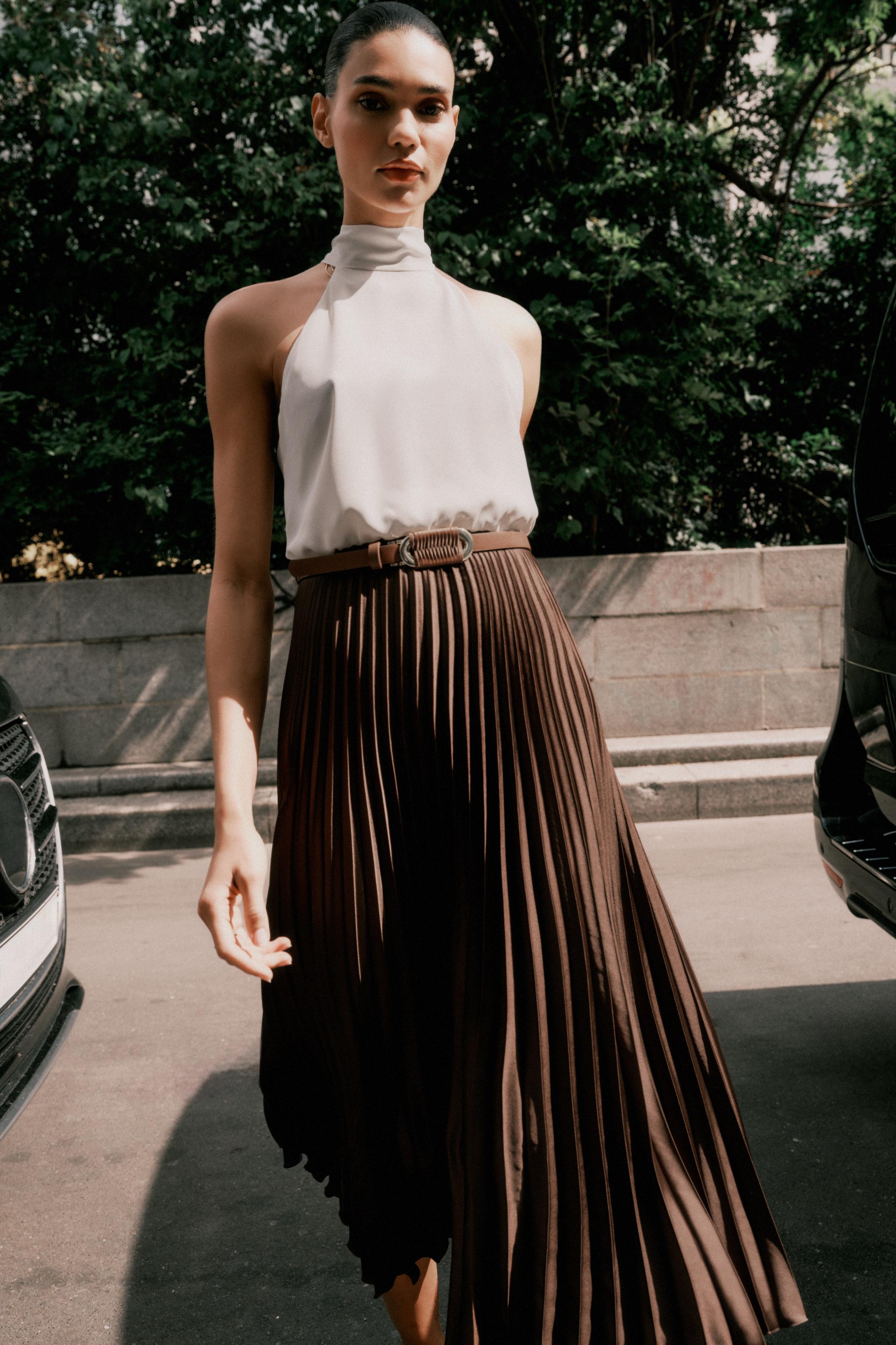 PLEATED COMBINATION MIDI DRESS
