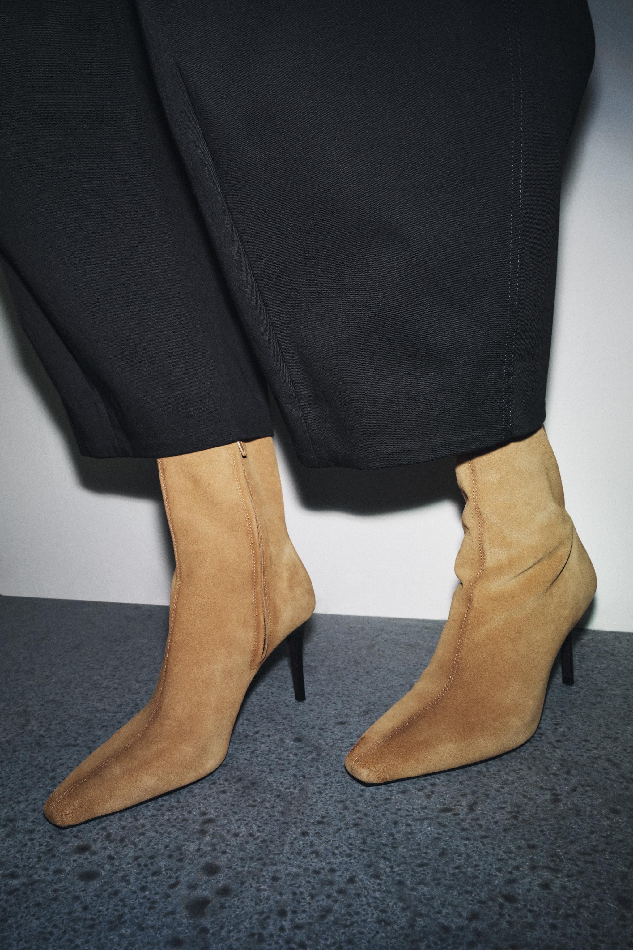 SPLIT LEATHER STILETTO HEEL ANKLE BOOTS