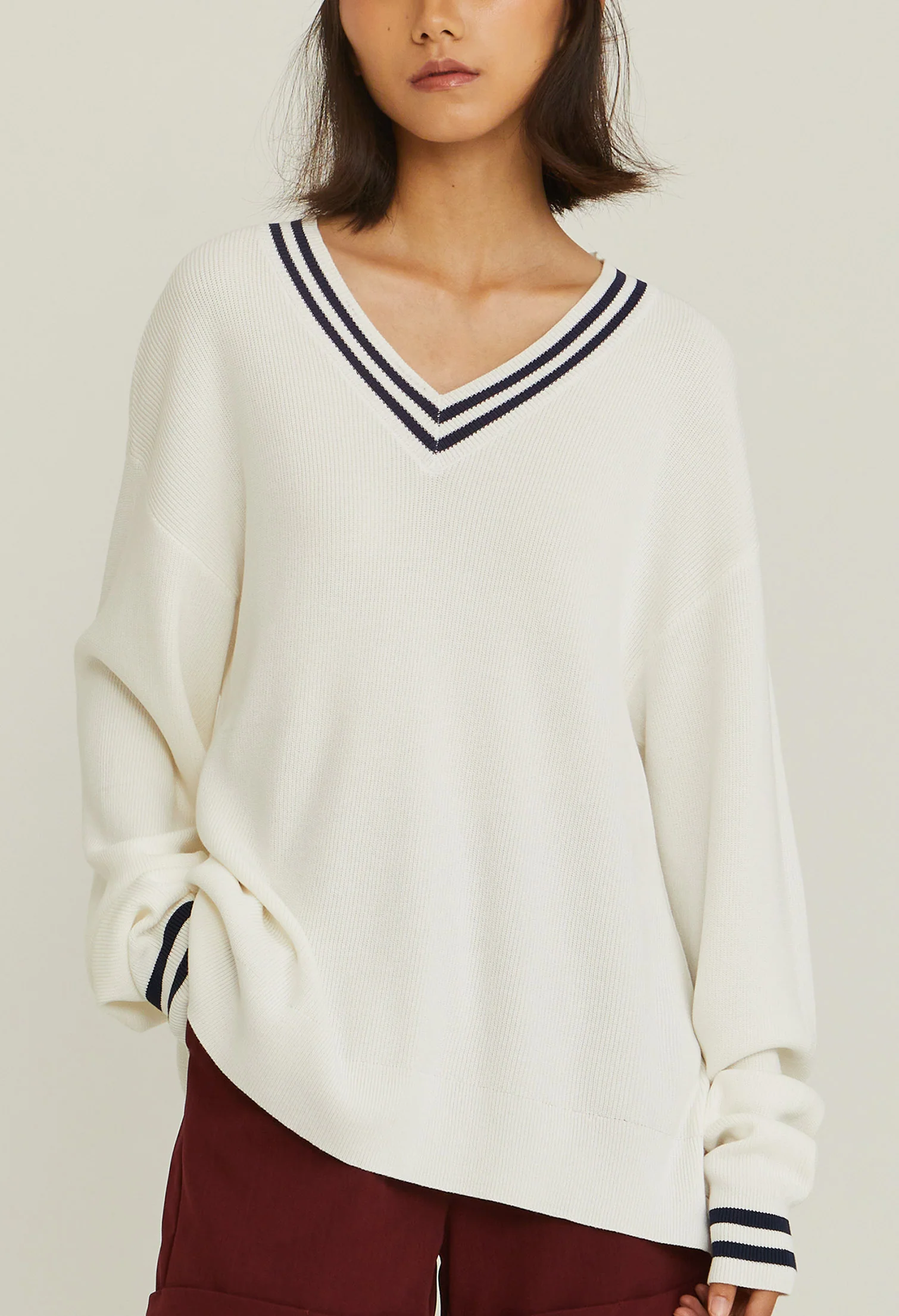 V-Neck Varsity Knitted Long-Sleeve Sweater