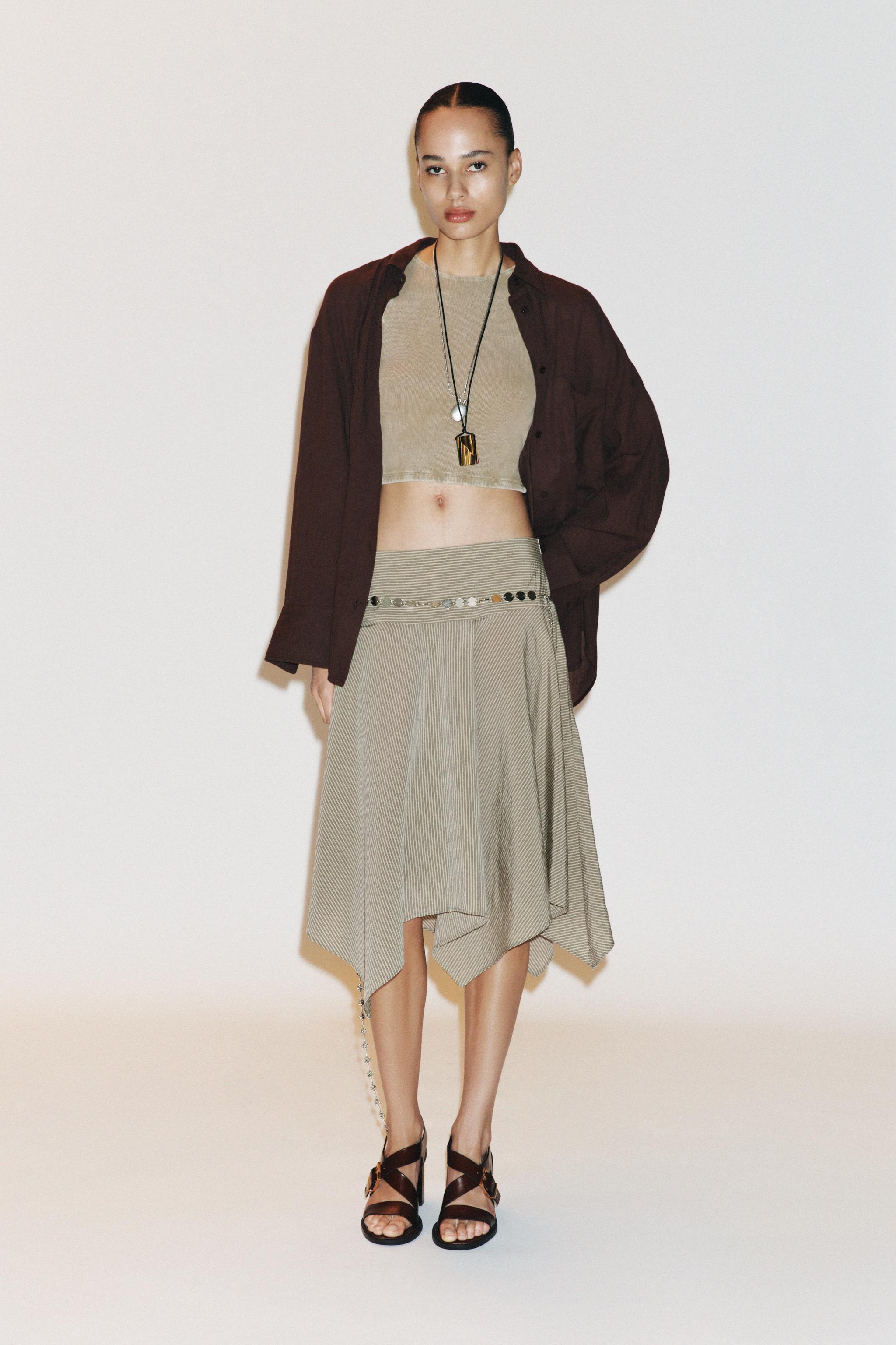STRIPED ASYMMETRIC BELTED MIDI SKIRT