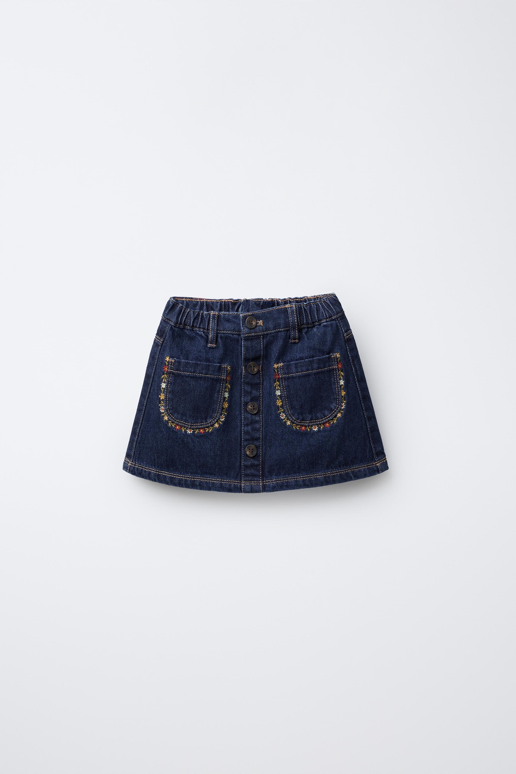 EMBROIDERED FLOWER DENIM SKIRT