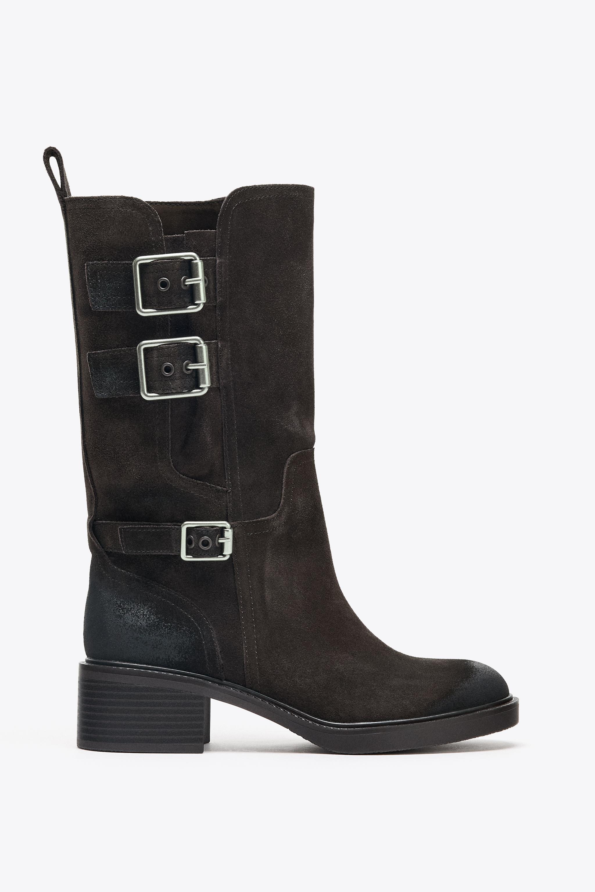 BUCKLED SPLIT LEATHER ANKLE BOOTS