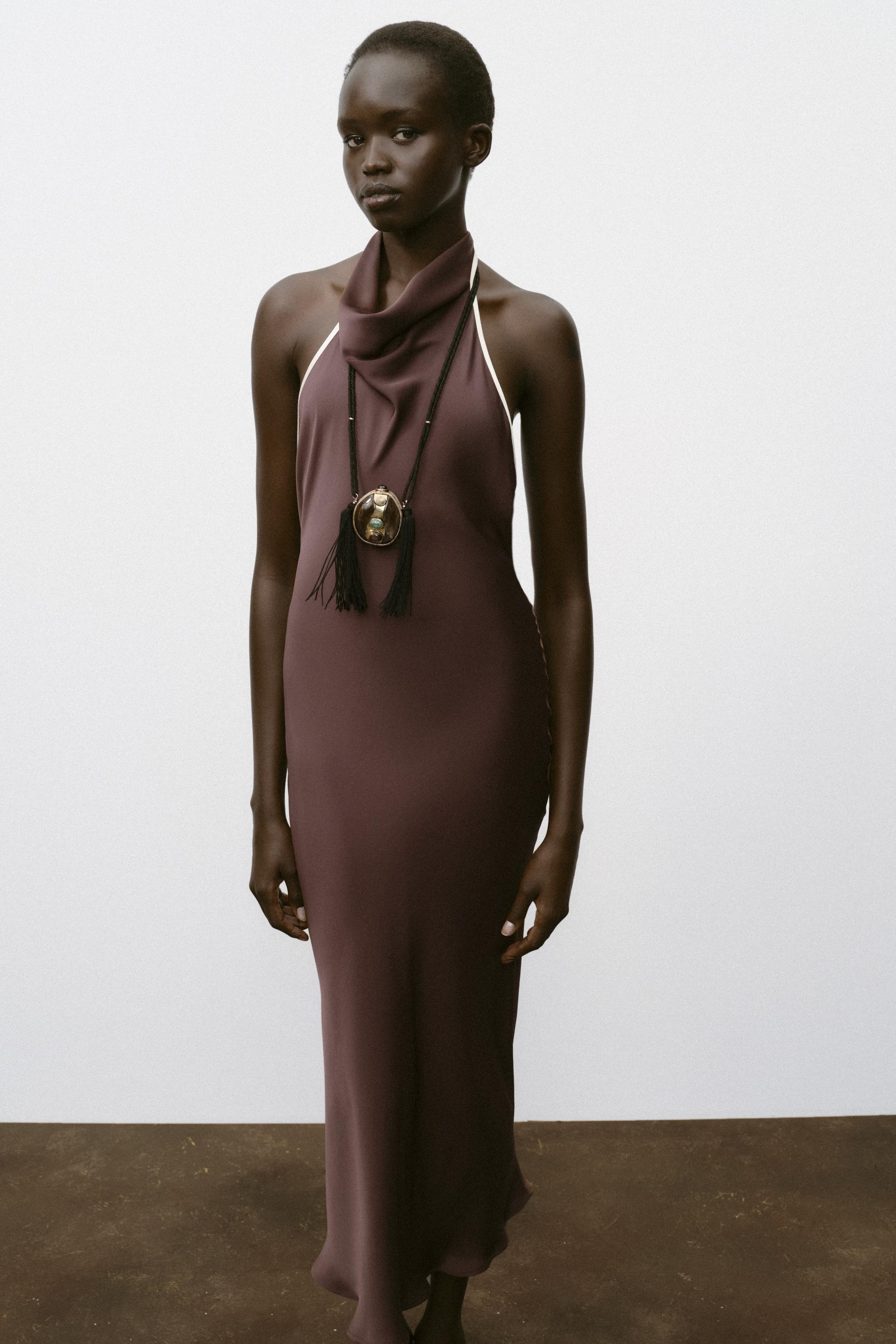 CONTRAST PIPED SATIN MIDI DRESS