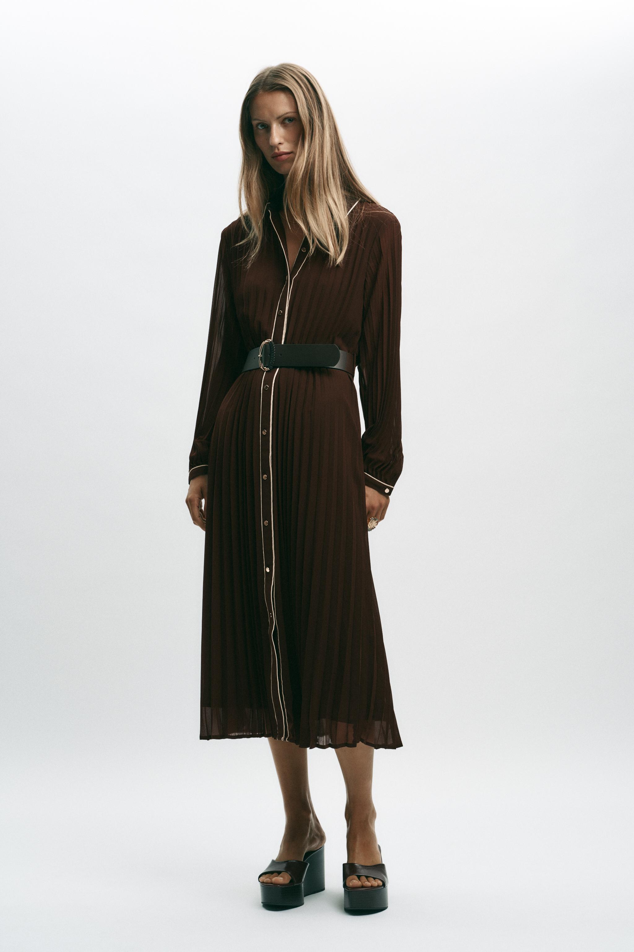BELTED PLEATED MIDI DRESS